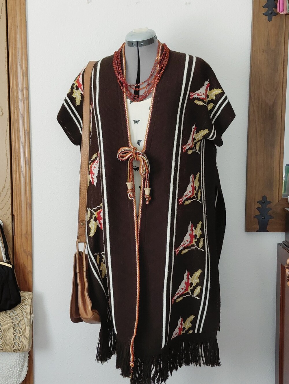 Vintage Brown Bird Fringed Knit Vest Poncho